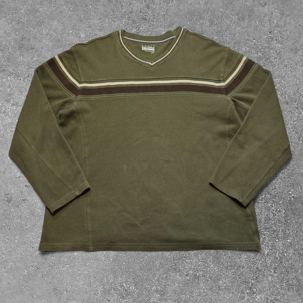 Basic Editions Mens Olive Green Cotton V-Neck Long Sleeve Striped Shirt Large